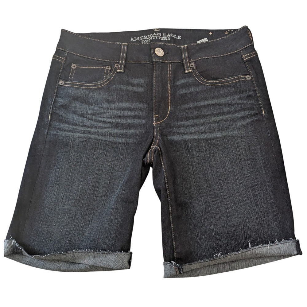 American Eagle Super Stretch Dark Wash Raw Hem Denim Shorts Womens 10 Indigo